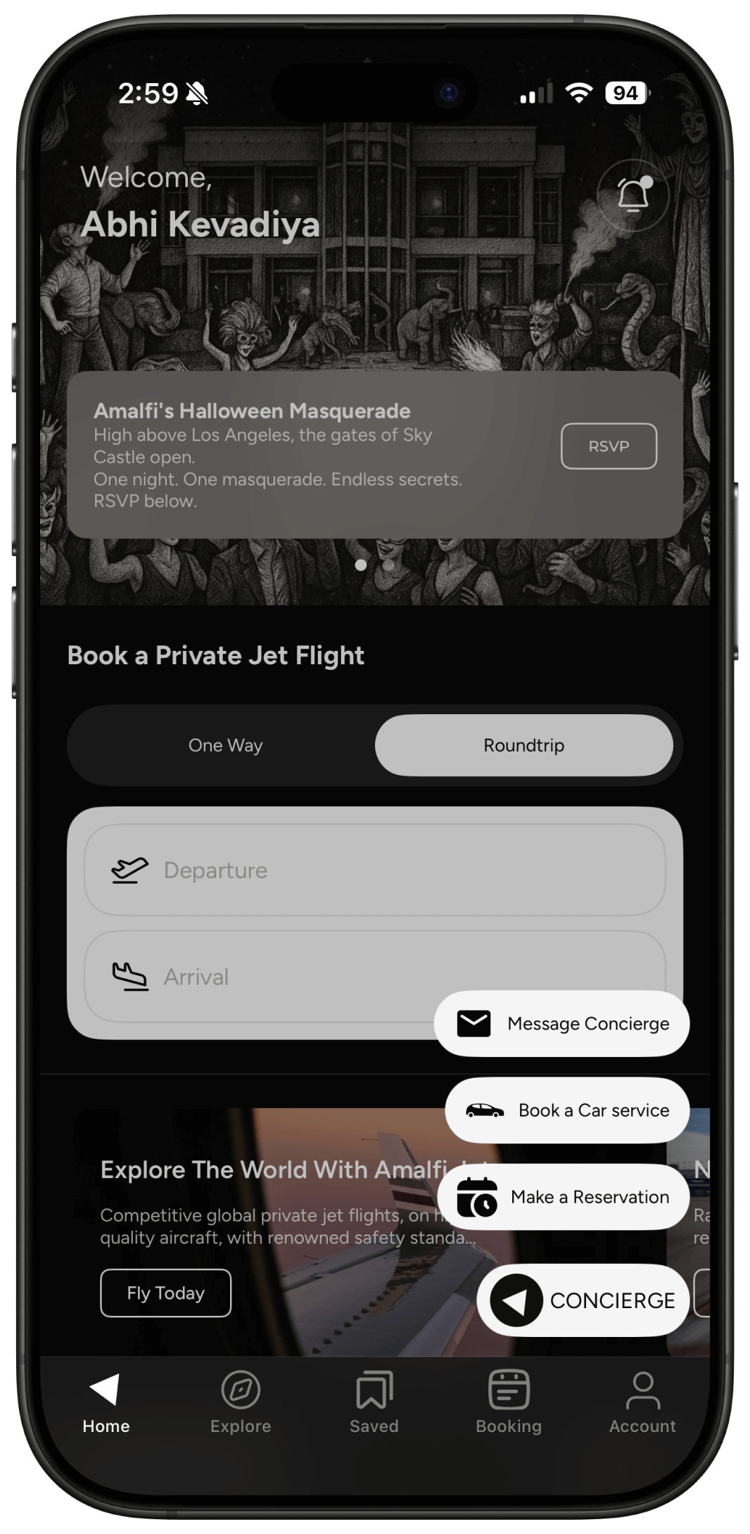 iPhone screenshot of Amalfi Jets app with concierge button options to chat concierge, book a car service, and make a reservation.