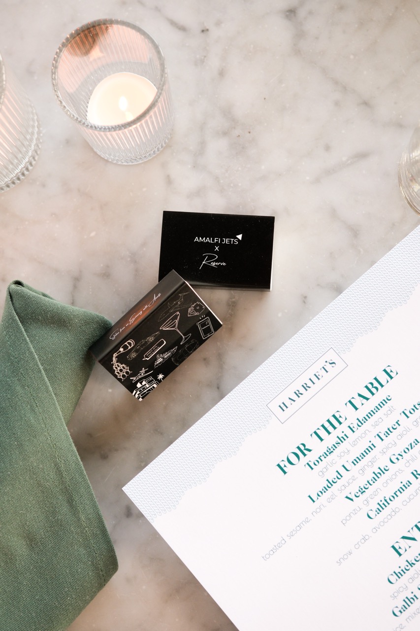Amalfi Jets branded matchboxes at Harriets West Hollywood Private Dinner.