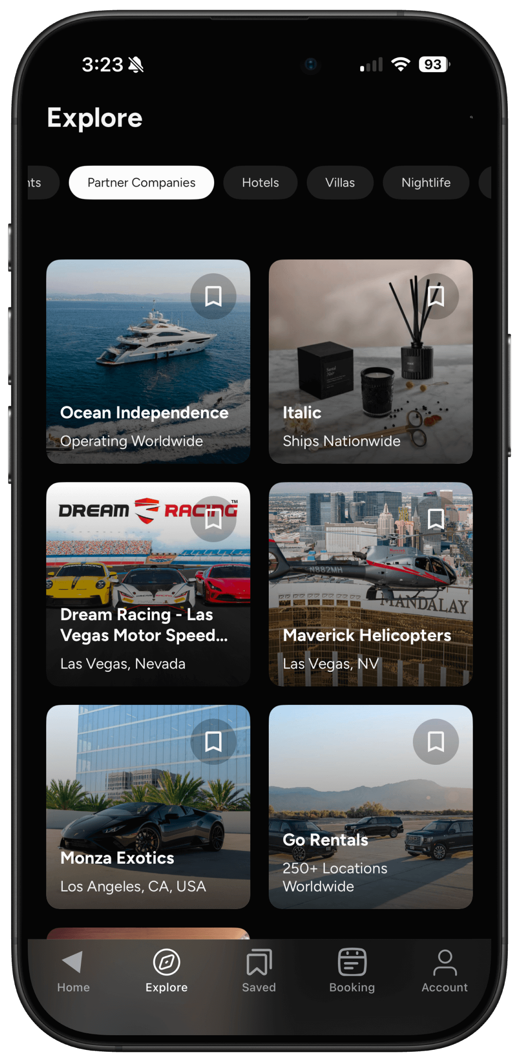 Amalfi Jets App Explore Page featuring partners like Dream Racing, Ocean Independence, Go Rentals &amp; others.
