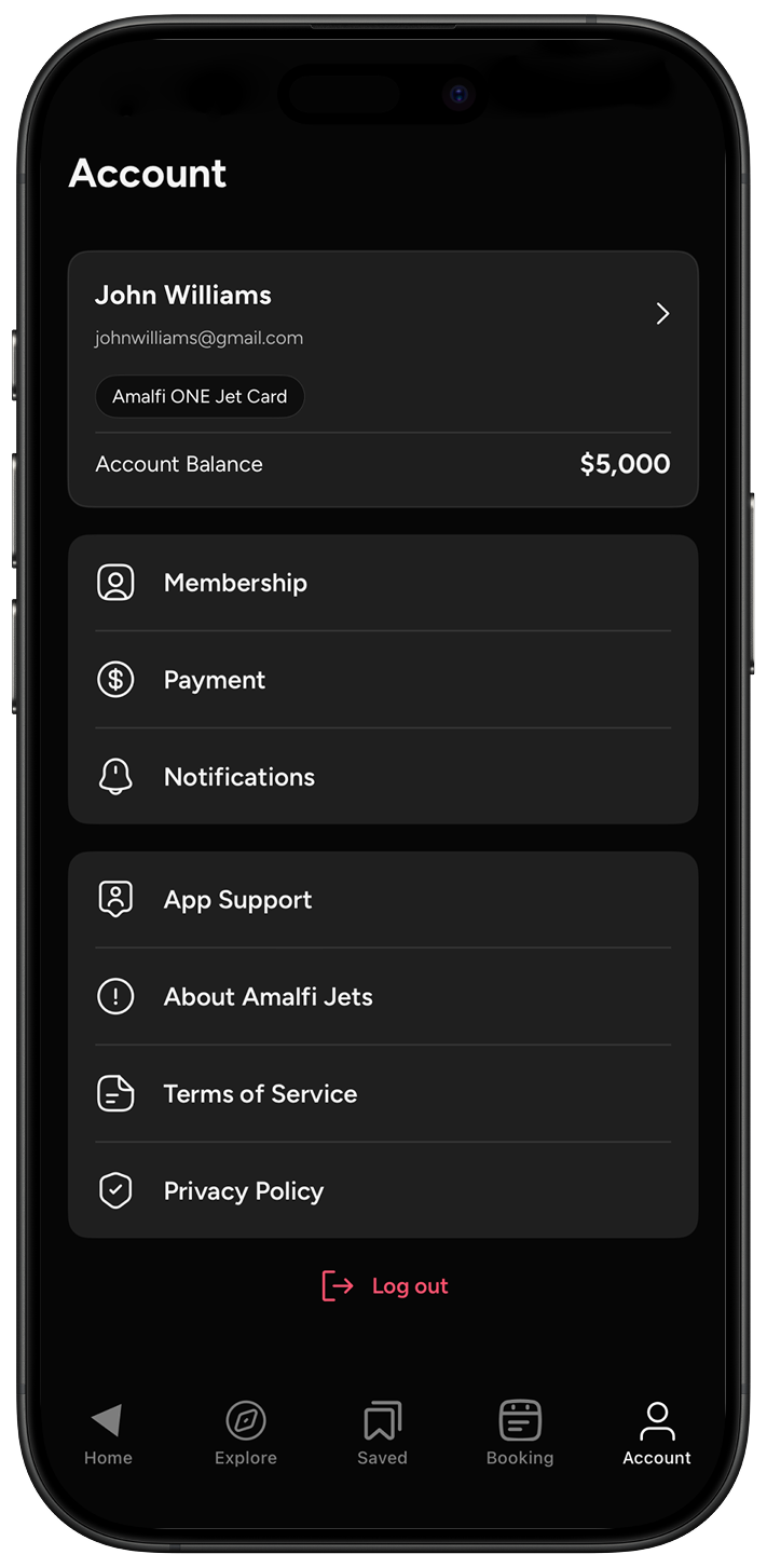 iPhone showing Amalfi Jets App account page with Amalfi One Jet Card Balance and app settings.